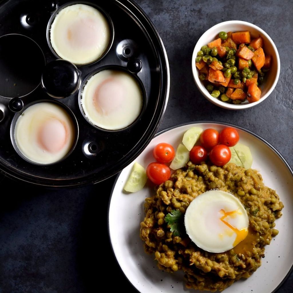 Indian spiced green lentils poached egg