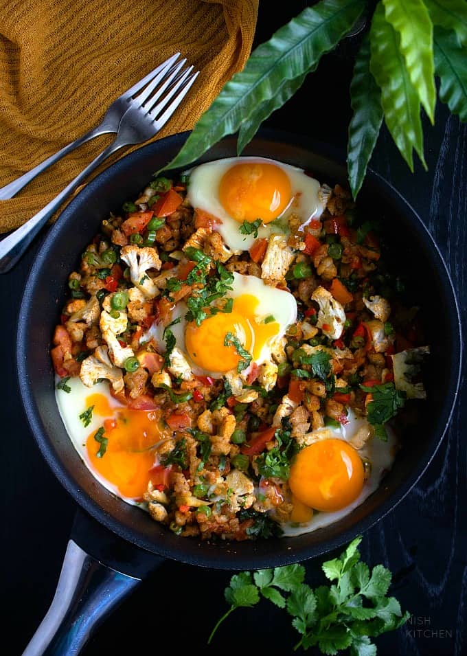 One pan breakfast with sausages and eggs