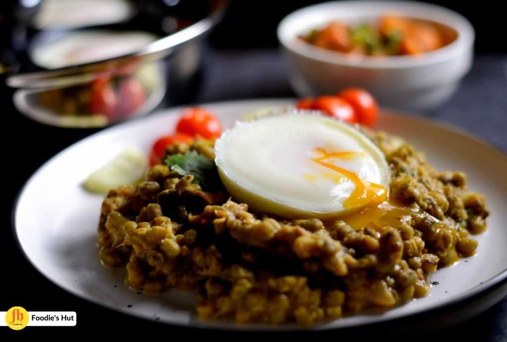 This Poached Egg recipe on Indian Spiced Green Moong Dal is suitable for high protein, low carb and gluten-free Indian meal